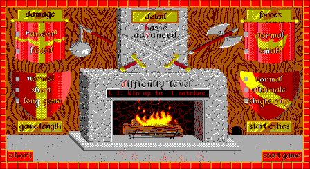 Fireplace menu to select optional rules.  Another screen shot from Conqured Kingdoms, created by QQP and Thurston Searfoss with Fogstone Games