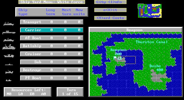 Build screen of the original Lost Admiral naval strategy computer game.  Try out Lost Admiral Returns for a completely upgraded version of this classic QQP game made by Thurston Searfoss and Fogstone Games.